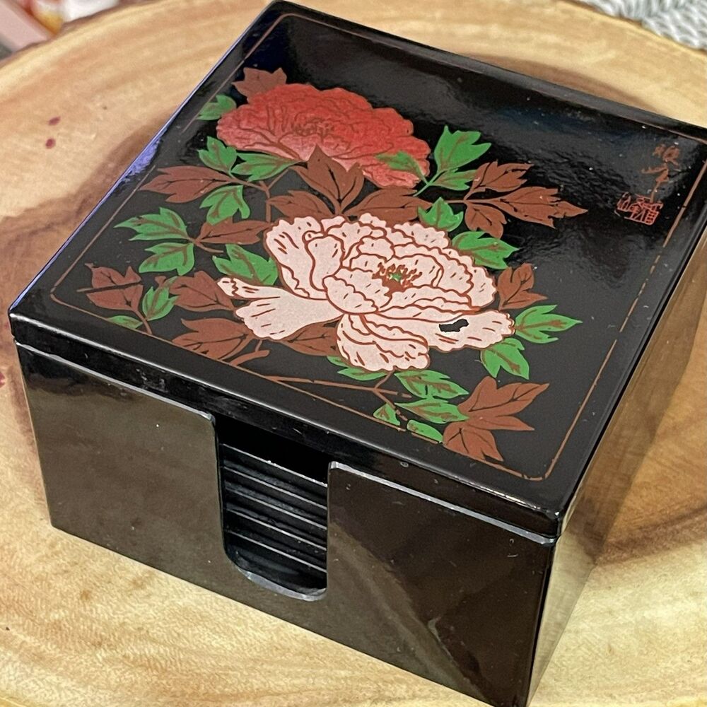 Vintage Japanese‎ Lacquerware Coaster Set with Box – Hand-Painted Floral Gold